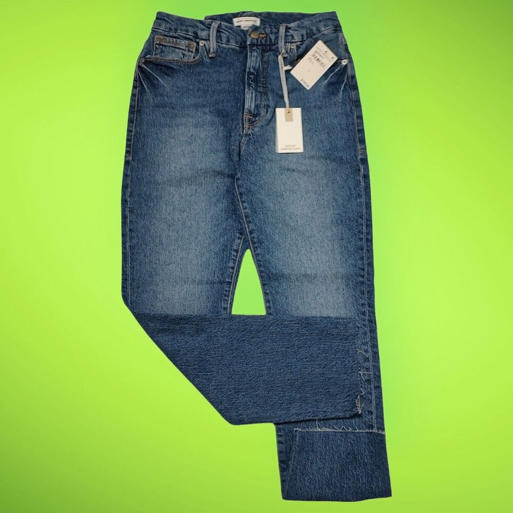 NEW Good American Jeans Size 4/27 Good Classic Denim High Rise Waist Raw Hem -a